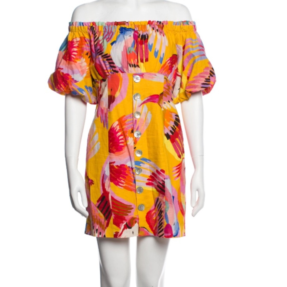 💛🌺 NWOT FARM Rio - Macaw Mother of Pearl Puff Sleeve Coastal Dress 💛🌺